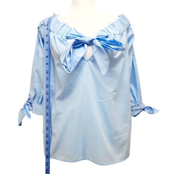 Light Blue Womens Off-Shoulder Blouse With Bow Tie Details & 3/4 Sleeves Size M - Picture 10 of 15